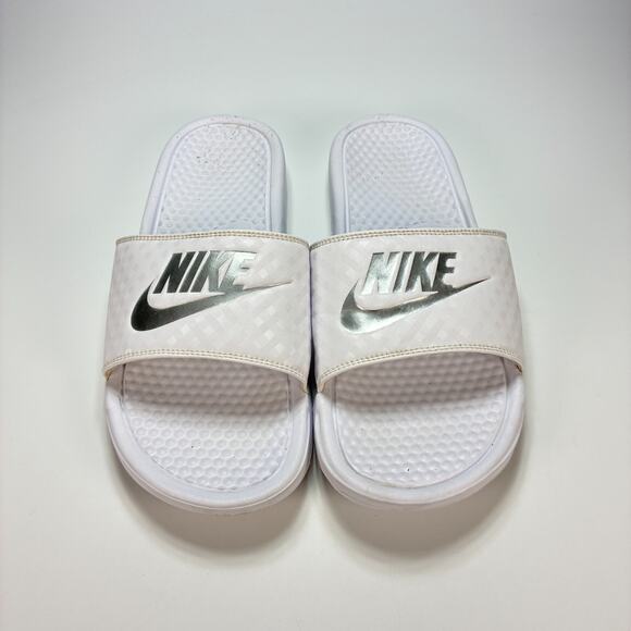 Nike Benassi White Silver Metallic Swoosh Logo Slide Sandals Women's Size 10 - Picture 6 of 9
